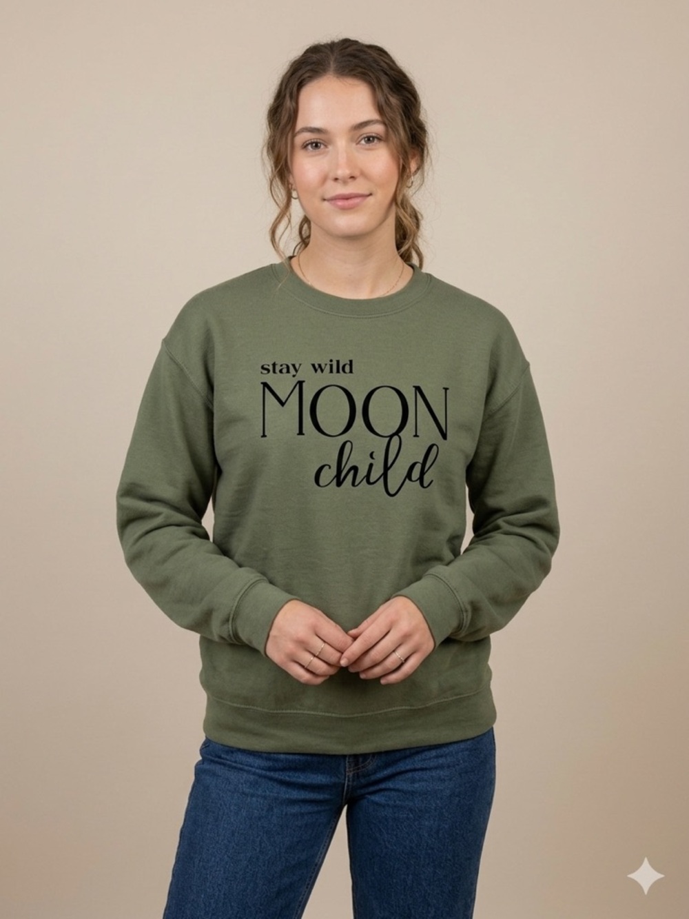 Stay Wild Moon Child Graphic Sweatshirt Olive Green Medium